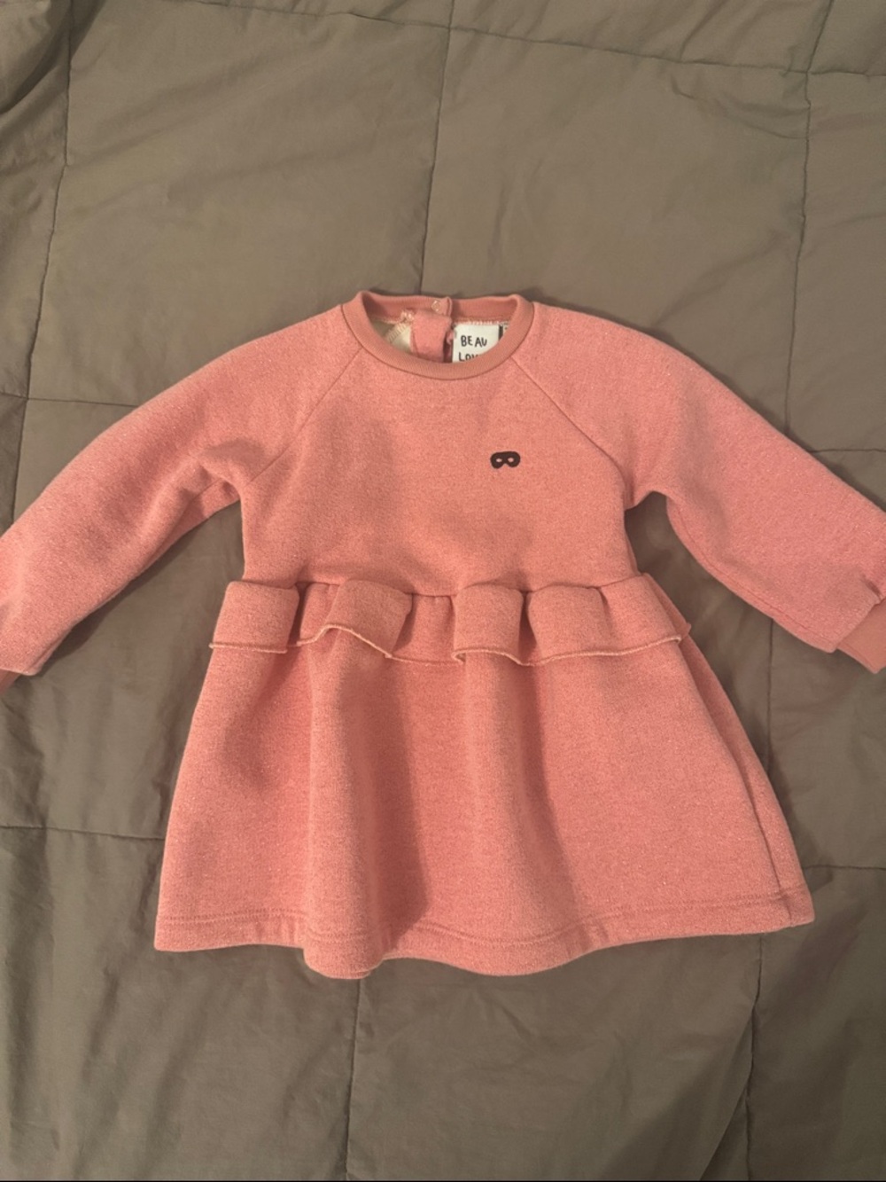 Beau Loves Pink Glitter Ruffle Waist Long Sleeve Baby Dress
